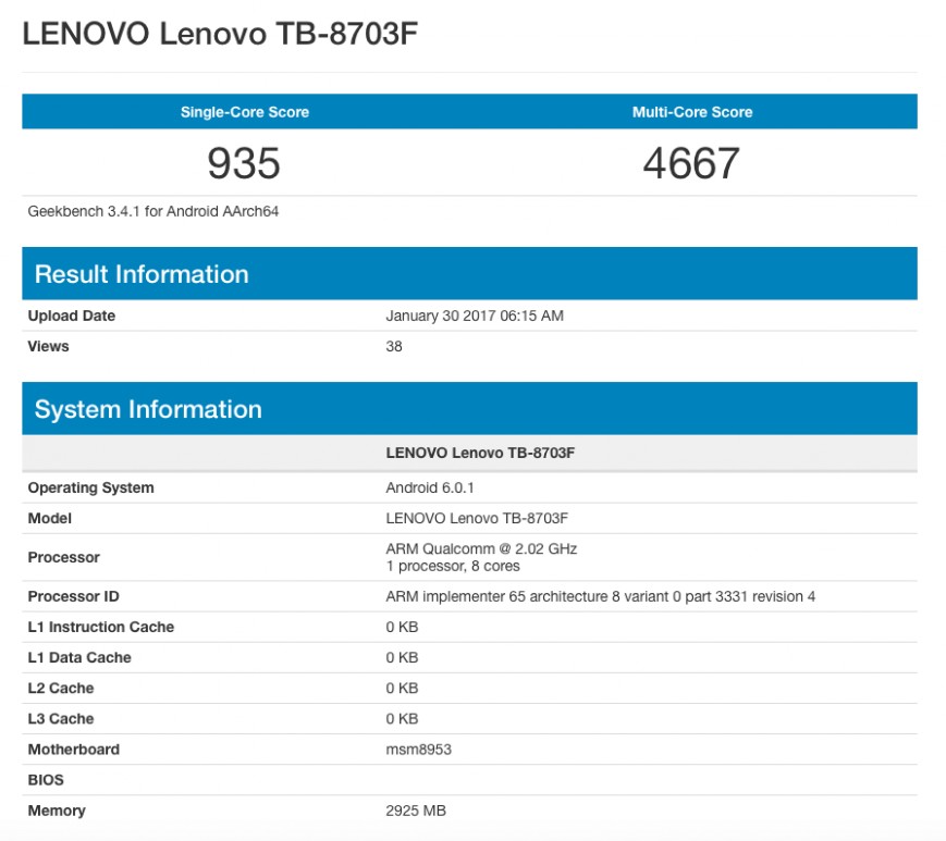 Планшетный компьютер Lenovo Tab 3 8 Plus засветился в тесте Geekbench