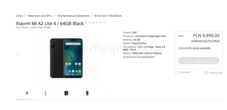 Смартфон Xiaomi Mi A2 Lite обнаружен на польском сайте